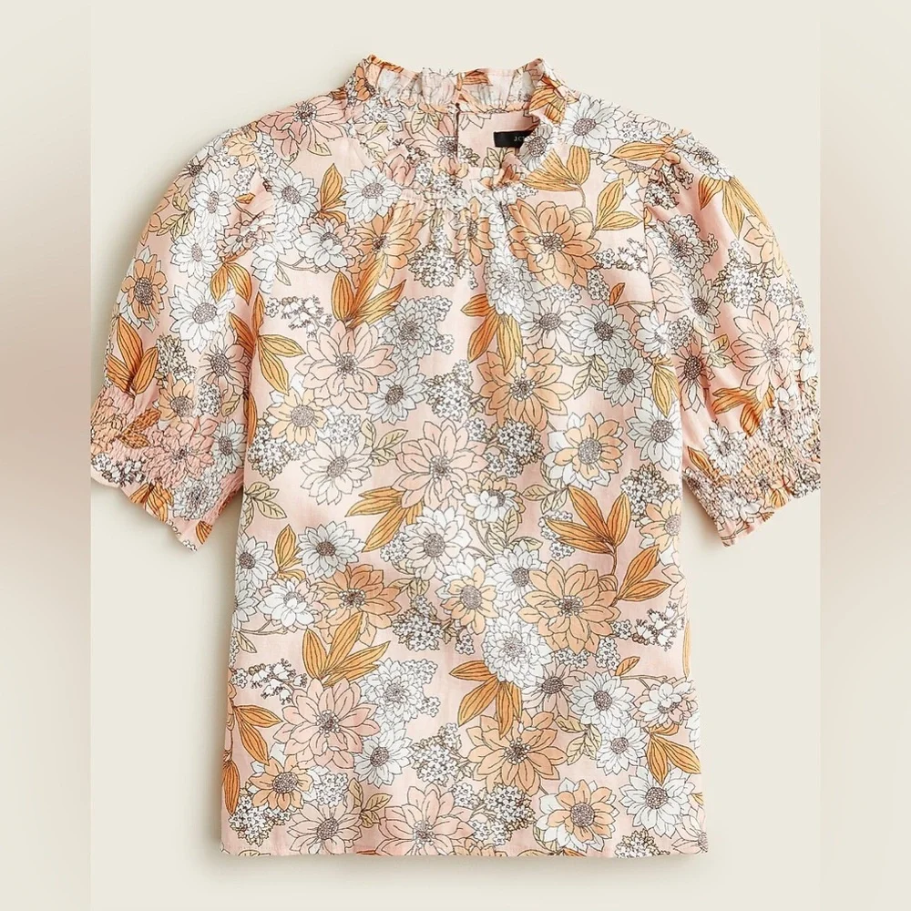 J. Crew Smocked puff-sleeve linen top in zinnia floral Size XL